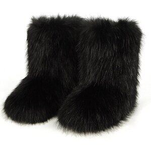 Women's Faux Fur Snow Boots Mid Calf Fuzzy Warm Leather Lined Winter Shoe